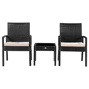 Black Frame 3-Piece Wicker Patio Conversation Set Patio Furniture with White Cushions