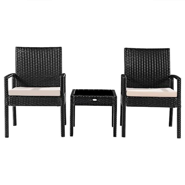 HONEY JOY Black Frame 3-Piece Wicker Patio Conversation Set Patio Furniture with White Cushions