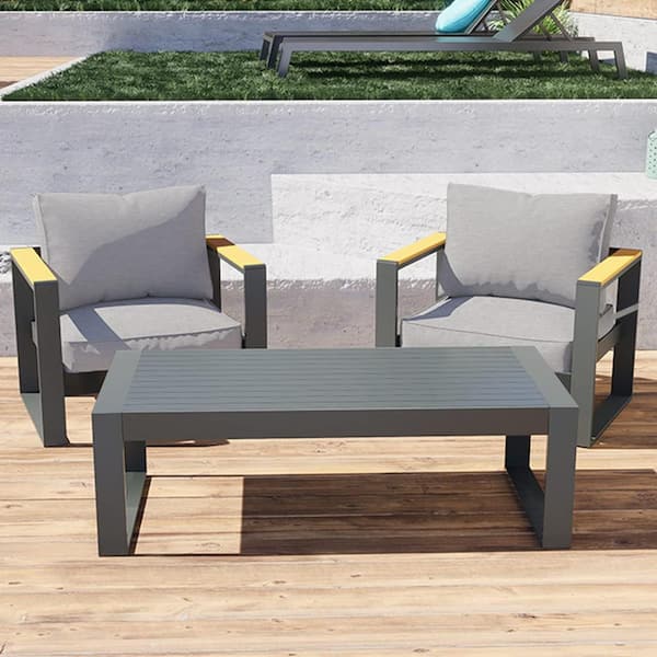 Aoodor 3-Piece Light Grey Outdoor Aluminum Furniture Set with Cushion and Coffee Table