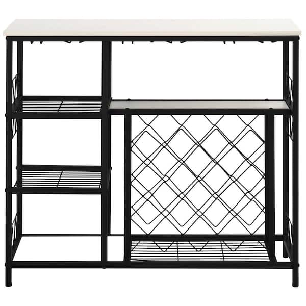 URTR White Wood Top Black Metal Wine Rack with Shelves and Glass Holder