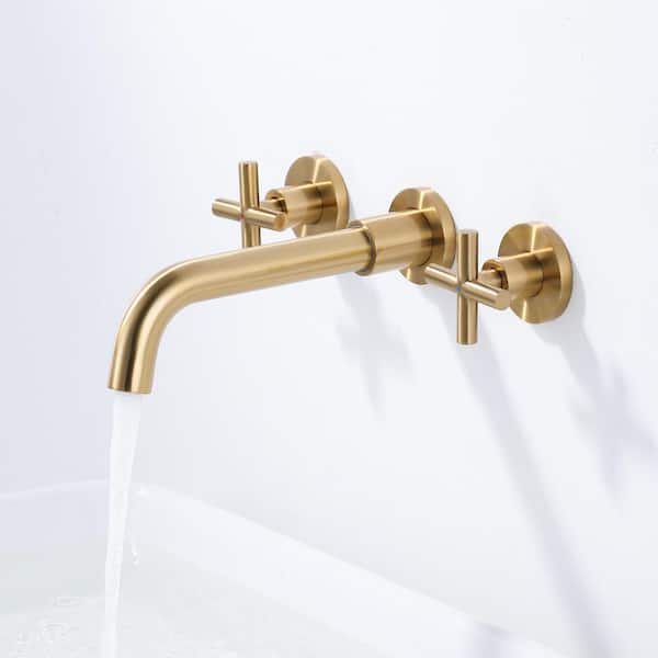 Brass 8" Double Handle Wall Mounted Bathroom Faucet with Brass Rough-in Valve, 2-Aerators and Flange in Gold