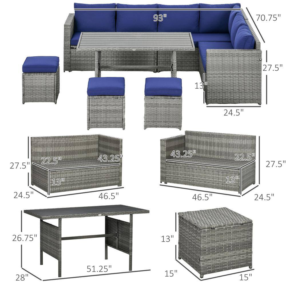 Outsunny 7-Piece Gray Wicker Patio Set with Blue Cushions