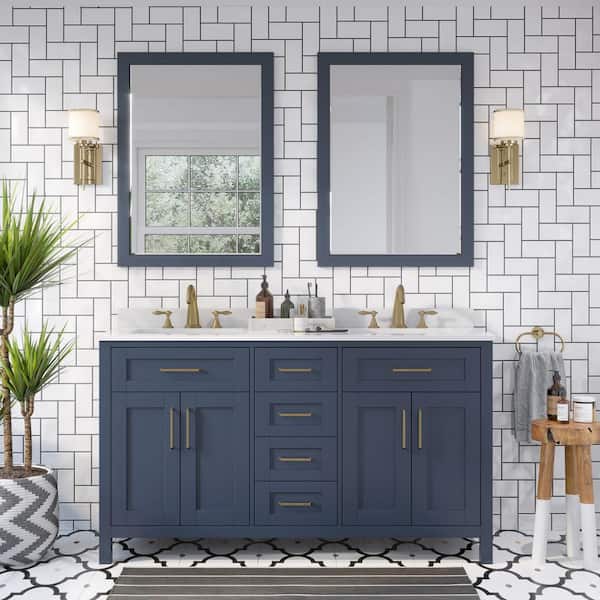 OVE Decors Tahoe 60 in. Double Sink Midnight Blue Bath Vanity with White Engineered Stone Top, Outlet, and Mirrors (Assembled)