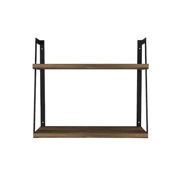 THE URBAN PORT Joel 5.7 in. L x 17.8 in. W x 15.8 in. H Brown and Black Rectangular 2-Tier Wood Floating Wall Mount Shelf Metal Frame