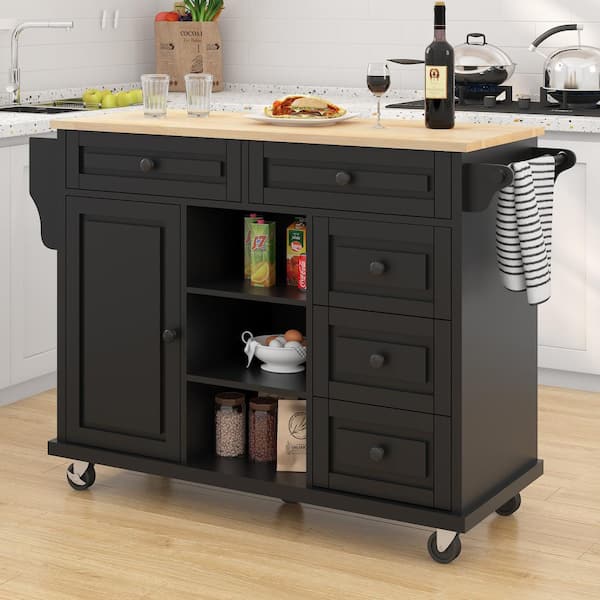 FAMYYT Rolling Black Rubber Wood Desktop 53 in. Kitchen Island with ...