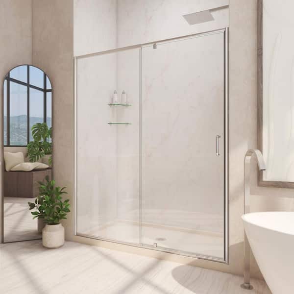 DreamLine Flex 42 in. x 72 in. Semi-Frameless Pivot Shower Door in Brushed Nickel Finish with 42 in. x 34 in. Base in Biscuit