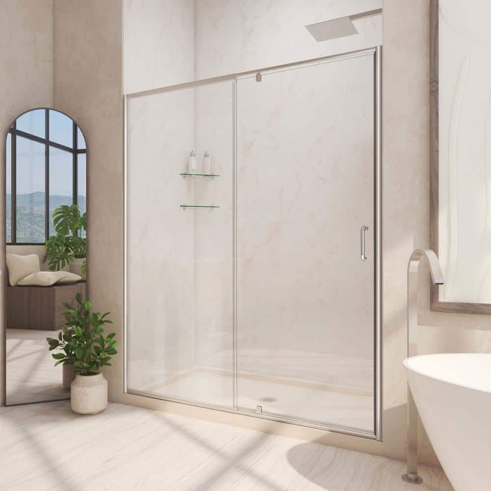 DreamLine Flex 60 in. x 72 in. Semi-Frameless Pivot Shower Door in Brushed Nickel Finish with 60 in. x 34 in. Base in Biscuit