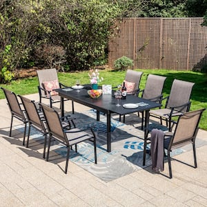 Black 9-Piece Metal Outdoor Patio Dining Set with Geometric Extendable Table and Textilene Chairs