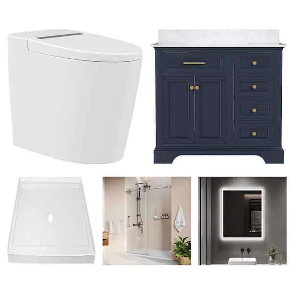 Smart Toilet, 36 in. Vanity, 60 in. Shower Pan, 60 in. Shower Door and 30 in. Mirror Combo