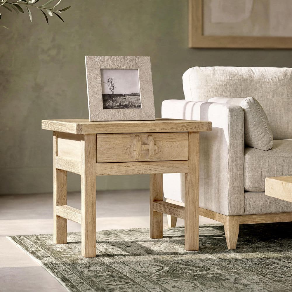 Rowan 22 in. Reclaimed Elm Wood Square Side End Table with Drawer, Light Natural Brown