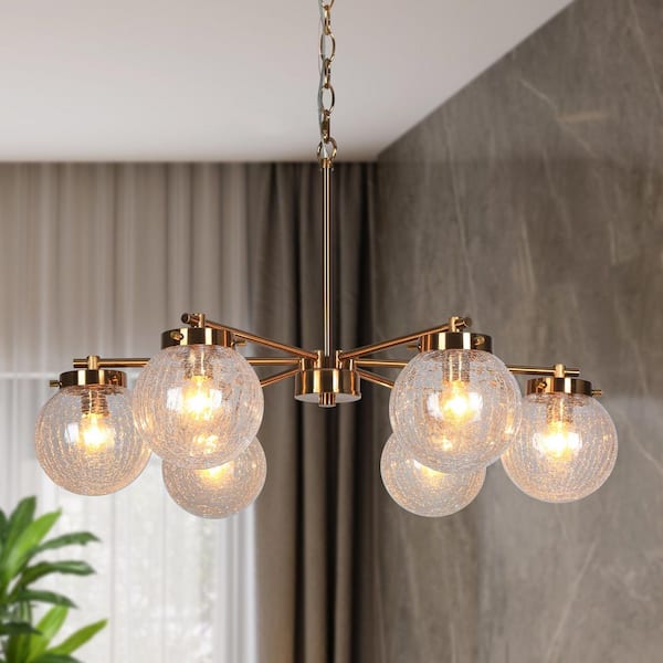 LNC Modern Glam Brass 6-Light Chandelier Globe Island Hanging Ceiling Light with Clear Cracked Glass Shades