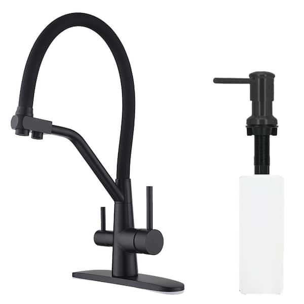 ATKING Double Handle Pull Down Sprayer Kitchen Faucet with Soap Dispenser in Matte Black