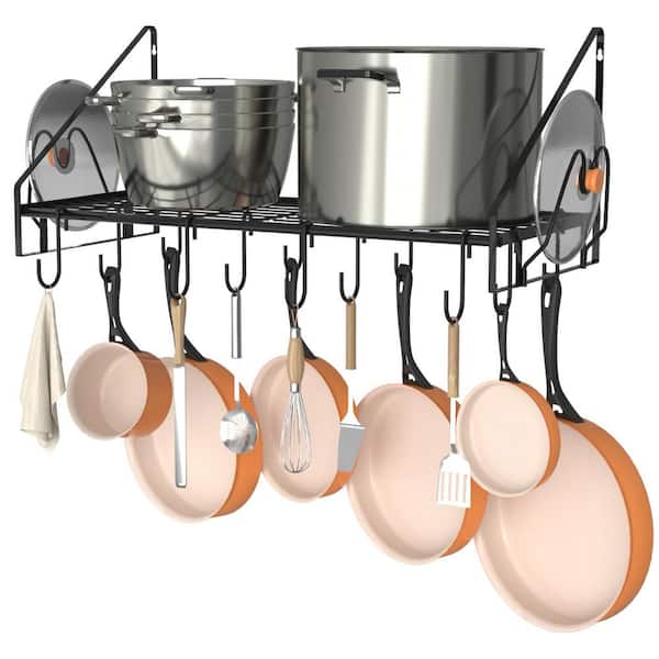 Numhew 34.7 in. L x 13 in. W x 12.6 in. H Black Steel Wall Mounted Pot Rack with 12 Hooks and 2 Pot Lid Holders