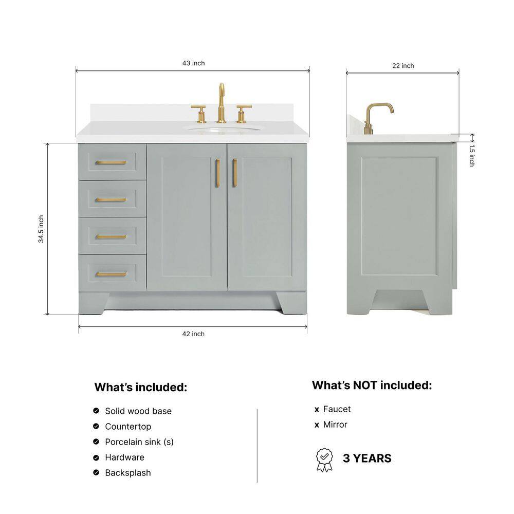 Taylor 43" Gray Freestanding Single Bathroom Vanity with Quartz Top