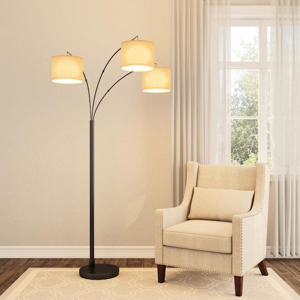 Hampton Bay 80 in. Antique Bronze 3 Arc Floor Lamp with Burlap Drum Shades