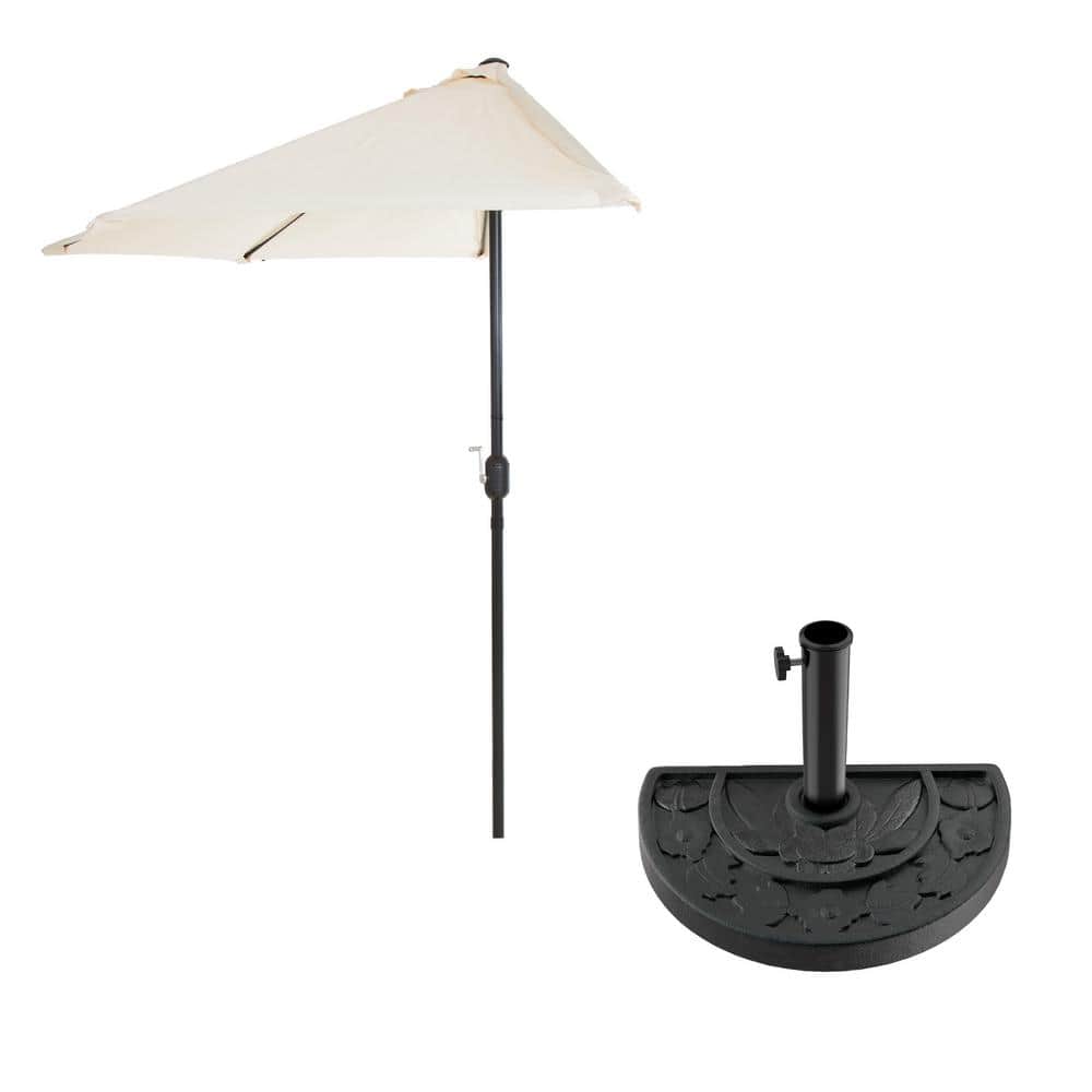 Tan Steel Half-Moon Patio Umbrella with Resin Base