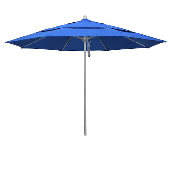 California Umbrella 11 ft. Gray Woodgrain Aluminum Commercial Market Patio Umbrella Fiberglass Ribs and Pulley Lift in Royal Blue Olefin