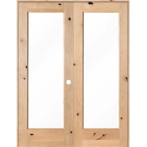 56 in. x 80 in. Rustic Knotty Alder 1-Lite Clear Glass Left Handed Solid Core Wood Double Prehung Interior Door