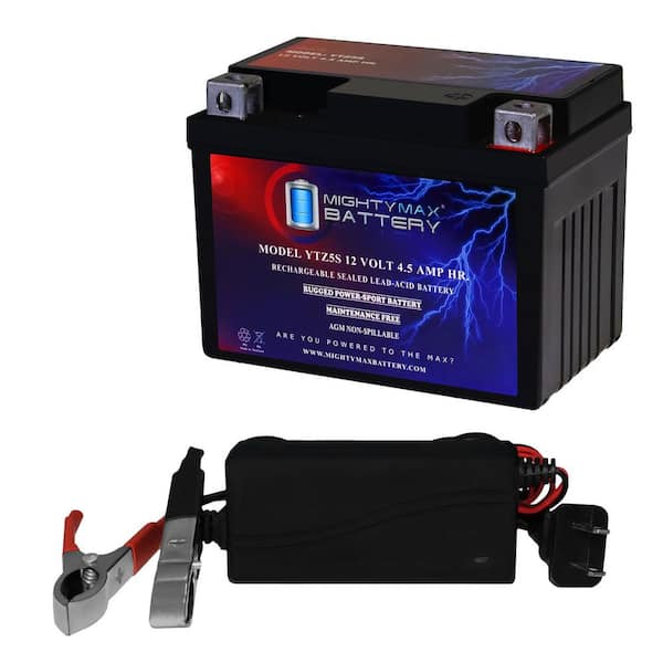 YTZ5S-12-Volt 4.5 AH, 65 CCA, Rechargeable Maintenance Free SLA AGM Motorcycle Battery + 12-Volt 1 Amp Charger