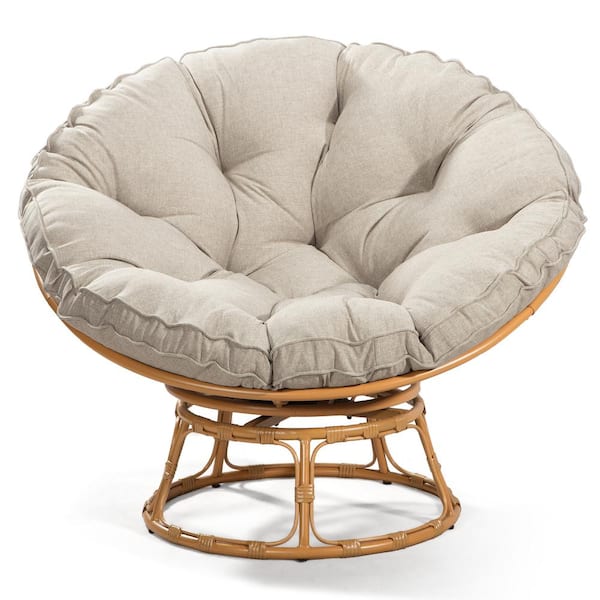 Tenleaf Brown Wicker Outdoor Lounge Chair with Beige Cushion, 360° Swivel Chair for Balcony Garden (1-Pack)