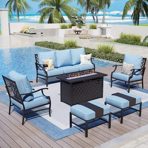 Black Meshed 7 Seat 6-Piece Metal Steel Outdoor Fire Pit Patio Set with Blue Cushions, Black Rectangular Fire Pit Table