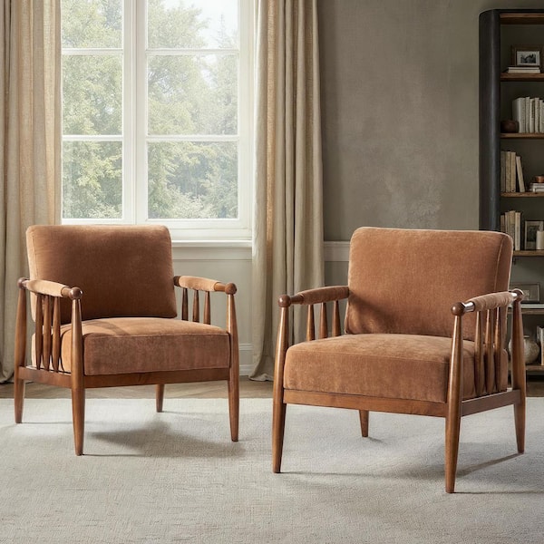 Luminea Caramel Modern Polyester Arm Chair with Solid Wood Frame Set of 2