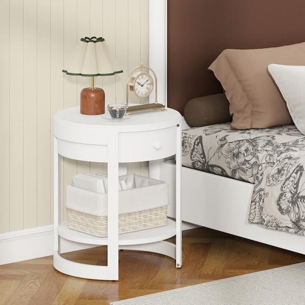 2-Tier Nightstand w/ Shelf & Wood Grains Drawer Round End Table for Living Room