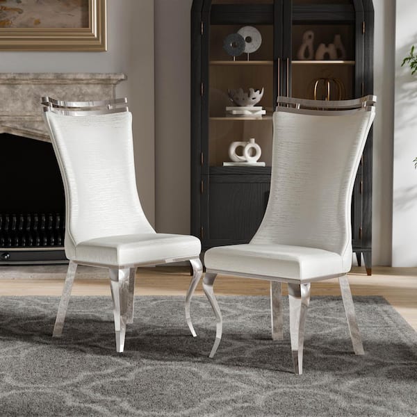Furniture of America Weirsh White Fabric Upholstered Double Crown Dining Chairs with Chrome Saber Legs (Set of 2)