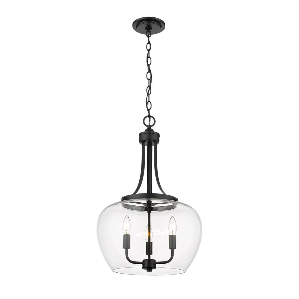 Matte Black Steel and Glass 3-Light Pendant