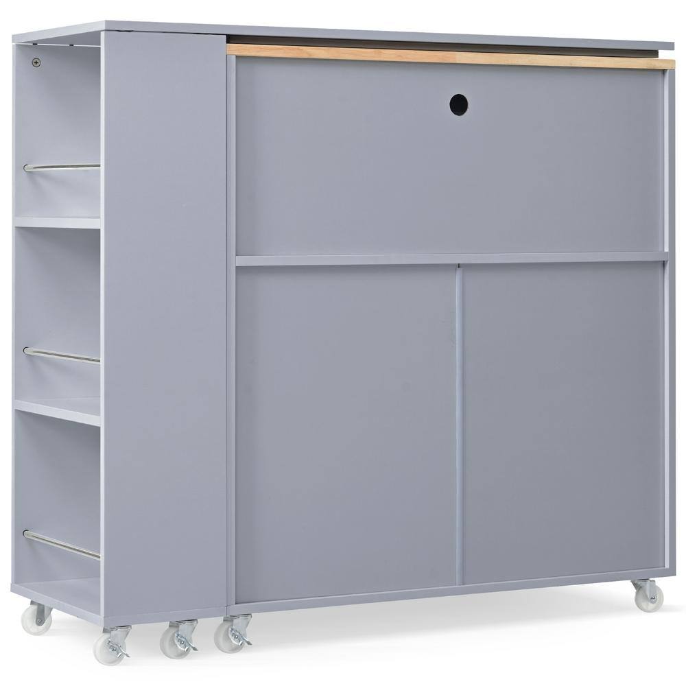 Grey Blue Rubber Wood MDF Kitchen Cart with Extended Table and Electrical Outlets - thumbnail 2