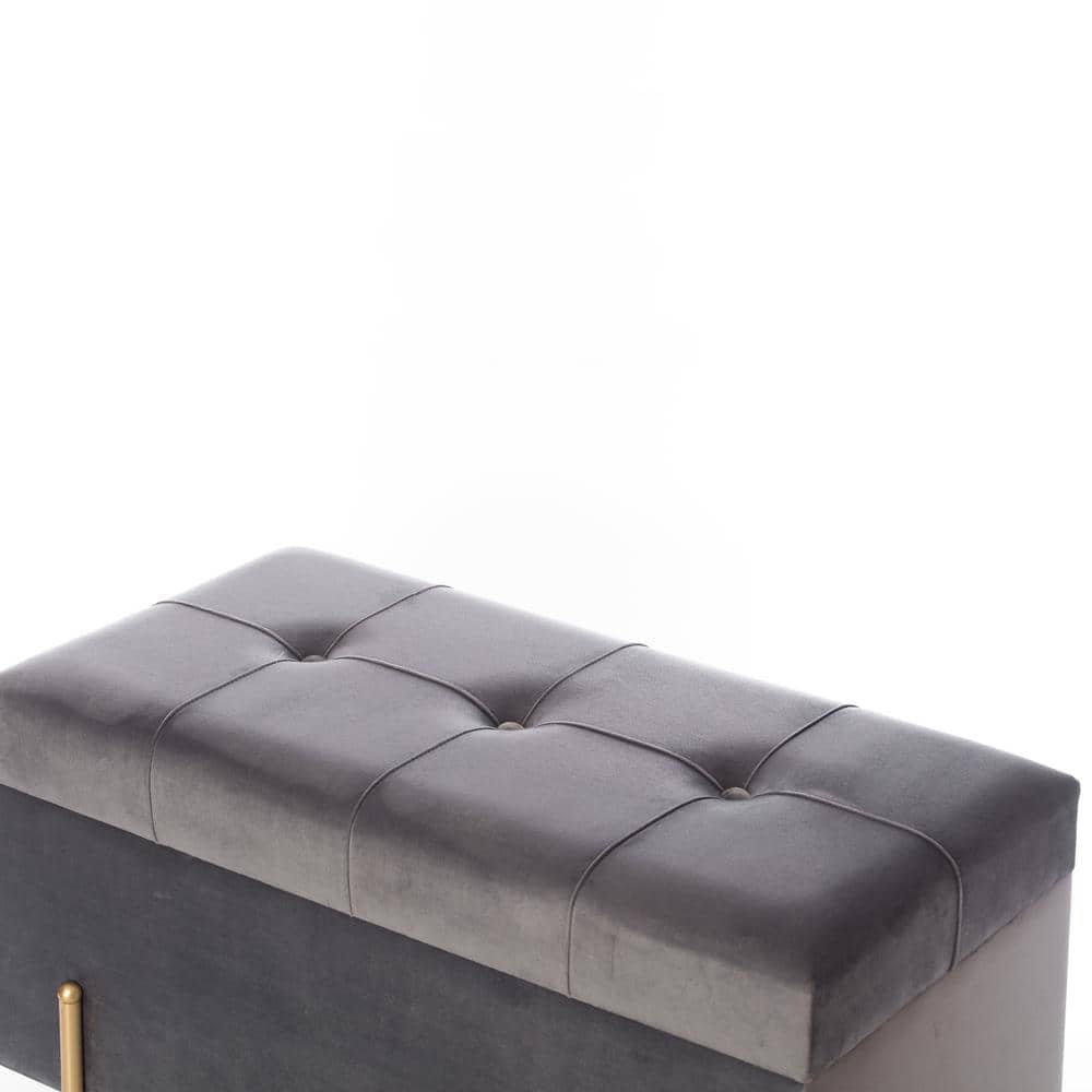 Gray Velvet Rectangular Storage Ottoman with Gold Legs