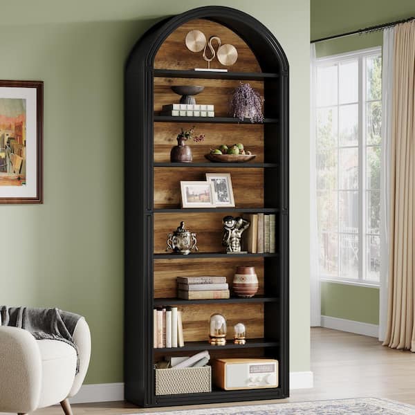 Eulas 78.7 in. Tall Black Engineered Wood 8-Shelf Standard Bookcase Arched Bookshelf with Storage