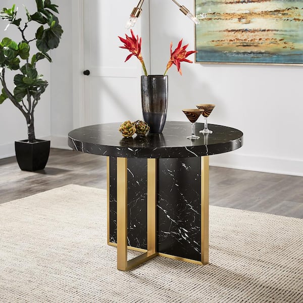 HomeSullivan Black Faux Marble 43 in. Cross Legs Round Dining Table Seats 4