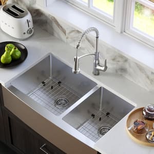 16-Gauge Stainless Steel 36 in. Undermount Double Bowl Farmhouse Apron Front Kitchen Sink with Grid and Basket Strainer