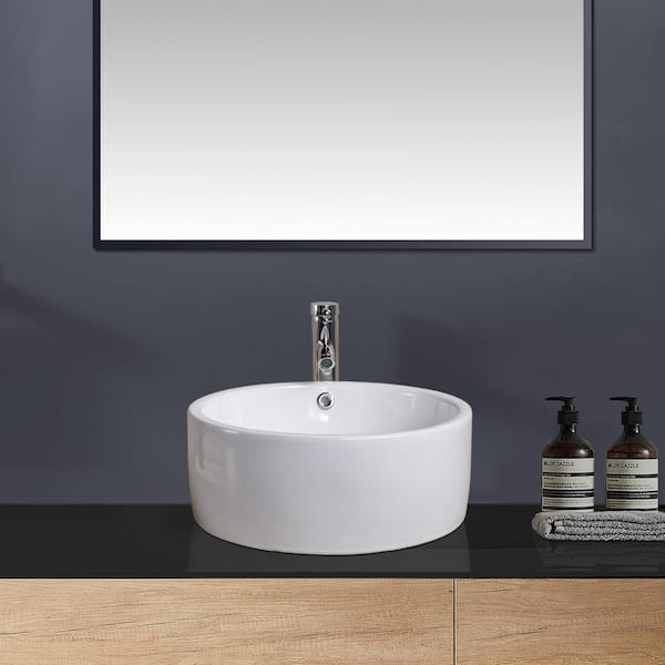 Satico 16.7 in. White Round Ceramic Bathroom Sink Basin Top Mount Vessel Sink