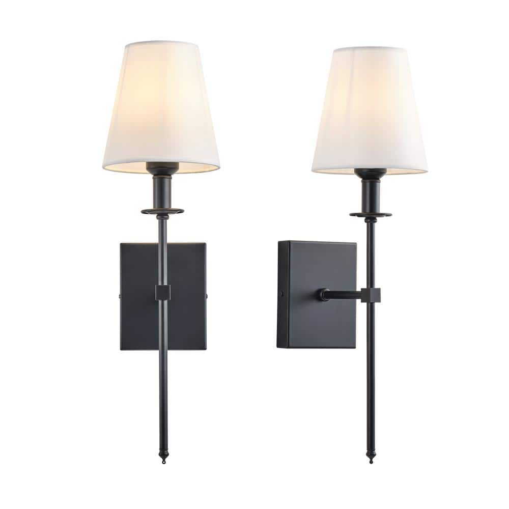 Set of 2 Black Indoor Industrial Wall Sconces with White Fabric Shade, Mode