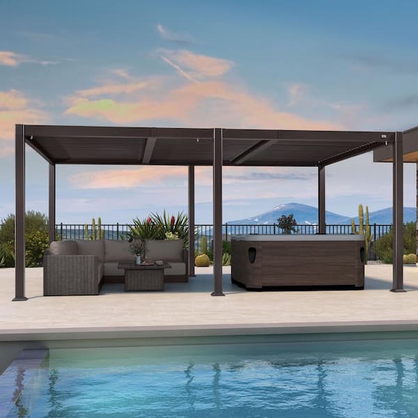 11.7 ft. x 18.2 ft. Bronze Aluminum Outdoor Louvered Pergola with 3-Individual Adjustable Roofs and In-Built Gutter