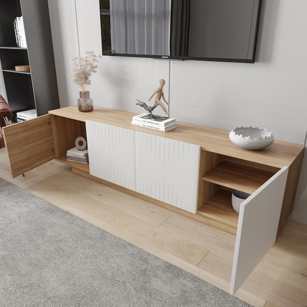 Nexera Riva Natural Maple and White TV Stand Fits TVs up to 80 in