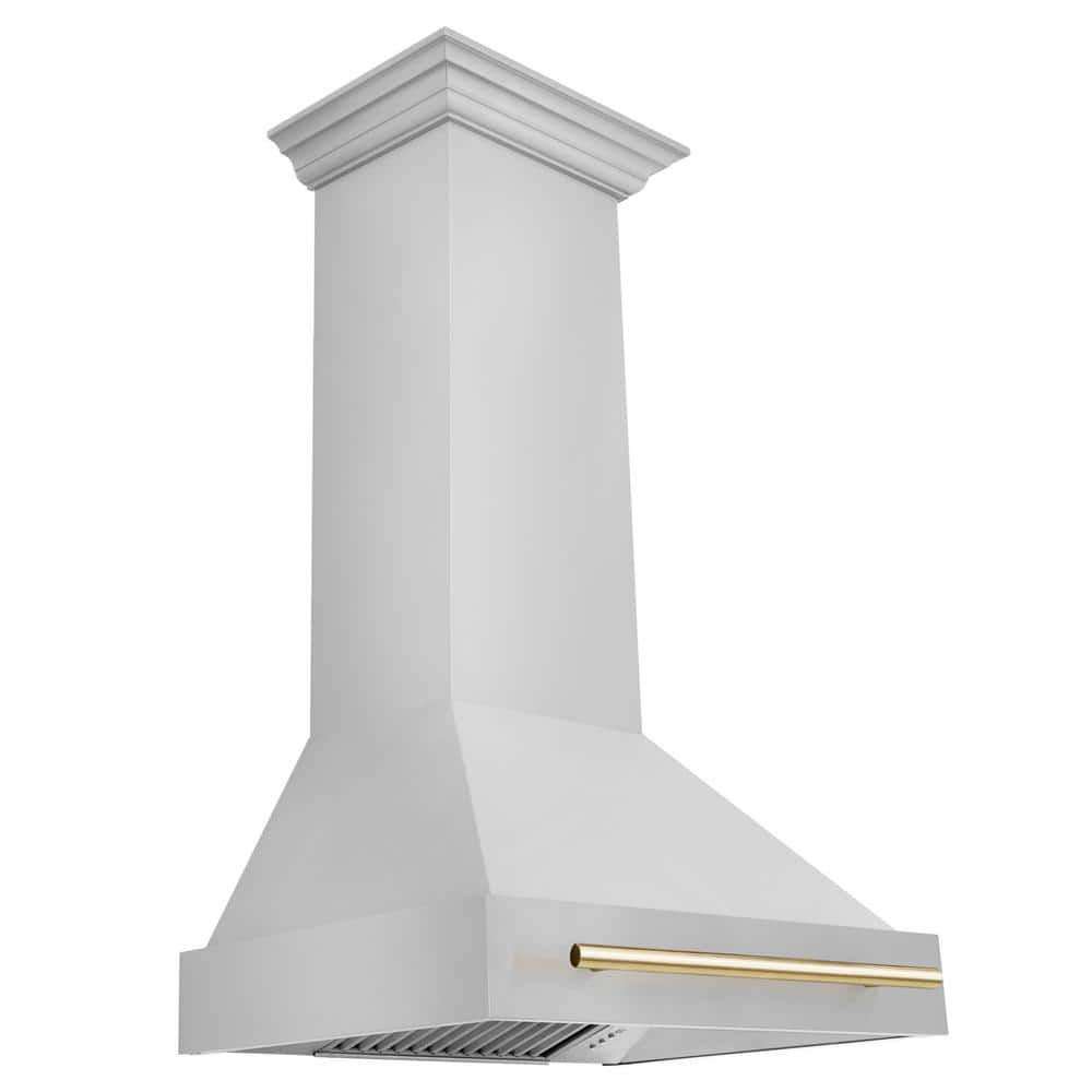 ZLINE Kitchen and Bath Autograph Edition 30 in. 400 CFM Ducted Vent Wall Mount Range Hood with Polished Gold Handle in Stainless Steel, Brushed 430 Stainless Steel & Polished Gold -  8654STZ-30-G