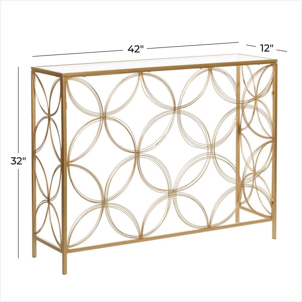 Harper Gold 42" Mirrored Metal Console Table with Quatrefoil Design