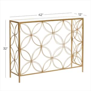 42 in. Gold Extra Large Rectangle Metal Open Style Quatrefoil Frame Geometric Console Table with Mirrored Top