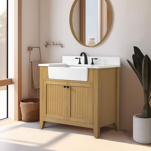 Burbank 36 in Single Sink Oak Bath Vanity with White Quartz Top (Assembled)