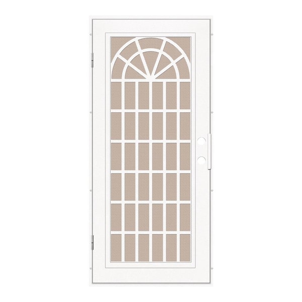 Unique Home Designs Trellis 30 in. x 80 in. Right Hand/Outswing White Aluminum Security Door with Desert Sand Perforated Metal Screen