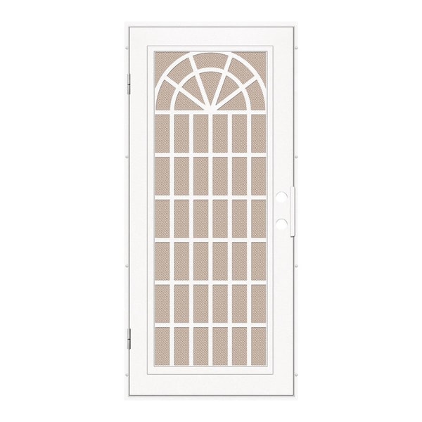 Unique Home Designs Trellis 36 in. x 80 in. Right Hand/Outswing White Aluminum Security Door with Desert Sand Perforated Metal Screen
