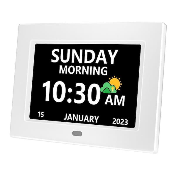 7 in. White Large Display Digital Alarm Clock with Day, Date, 5-Alarms and 3-Medicine Reminders for Elderly