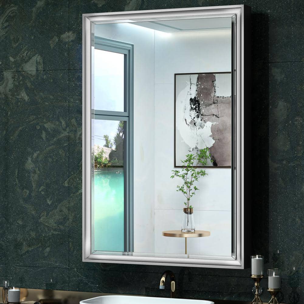 24 in. W x 36 in. H Rectangular Silver Aluminum Alloy Framed Recessed/Surface Mount Medicine Cabinet with Mirror -  KeonJinn, hd-JGFJ6091bs