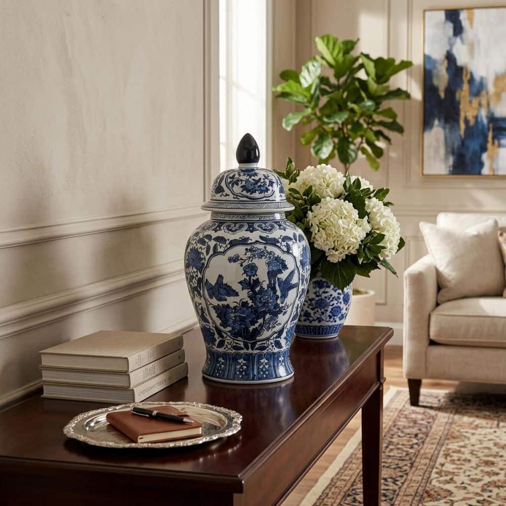 Liv & Skye 18.25 in. Blue Ceramic Chinoiserie Floral Decorative
