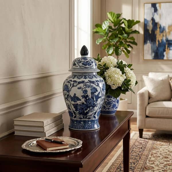 18.25 in. Blue Ceramic Chinoiserie Floral Decorative Jar