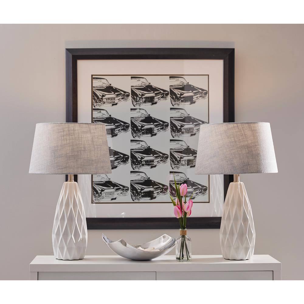 White and Light Gray Ceramic Table Lamp Set with Textured Fabric Shade