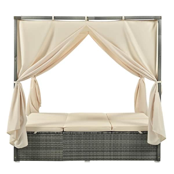 JimsMaison Gray Plastic Outdoor Day Bed with Beige Cushions and Adjustable Seats